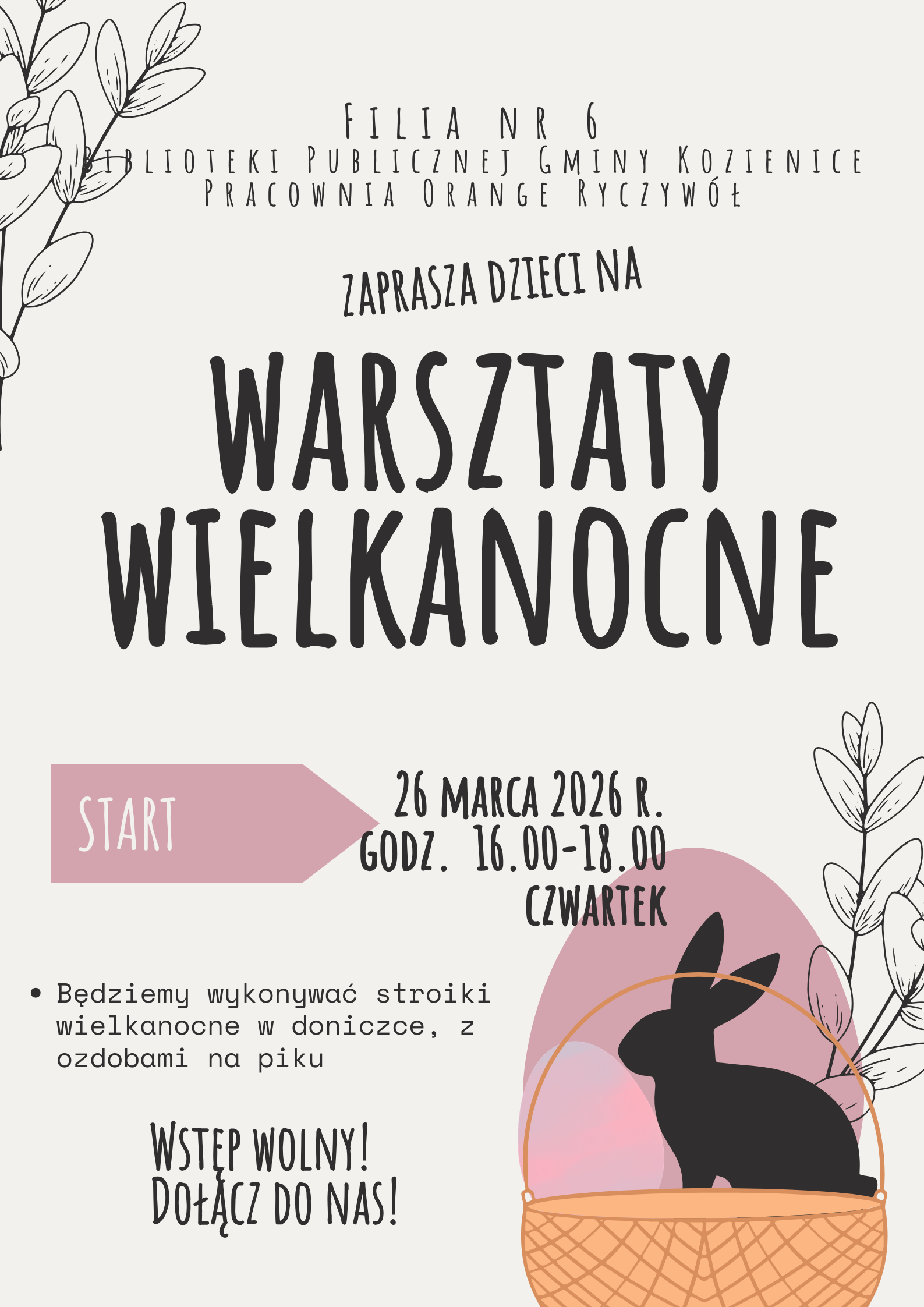 Zdjęcie przedstawia plakaz z zaproszeniem na warsztaty wielkanocne dla dzieci