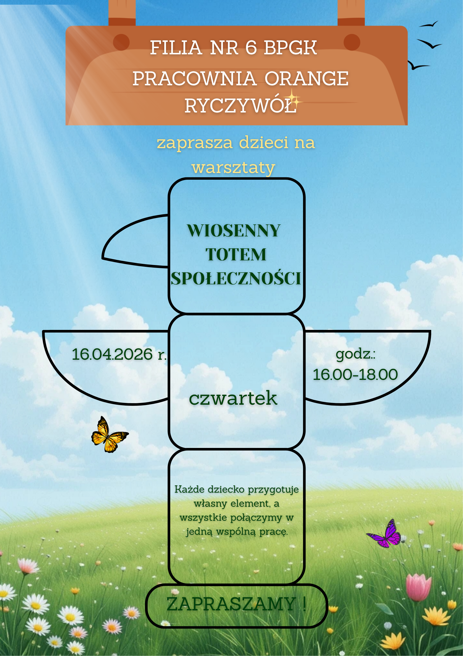 Na zdjęciu zamieszczony jest plakat, który zaprasza dzieci na warsztaty.