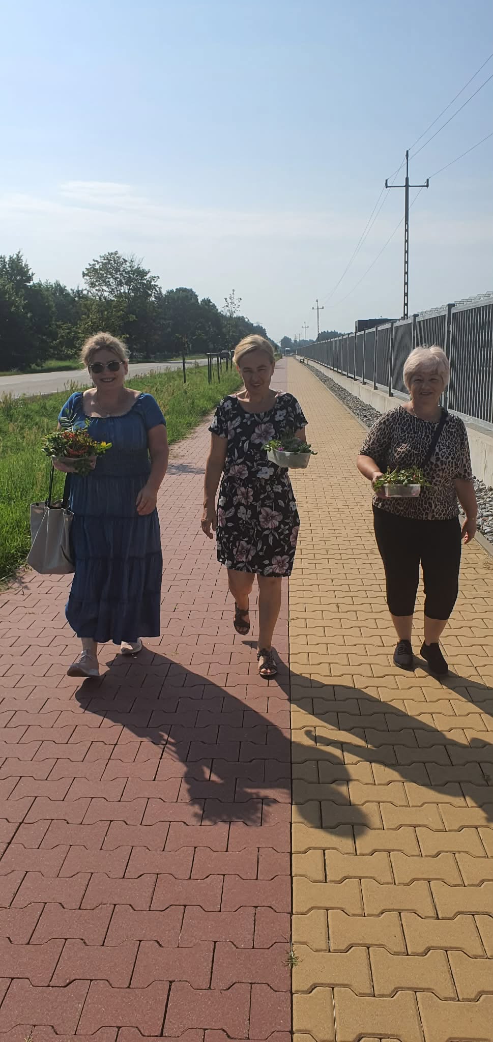 Trzy kobiety idą chodnikiem i niosą zebrane rośliny na suszenia.