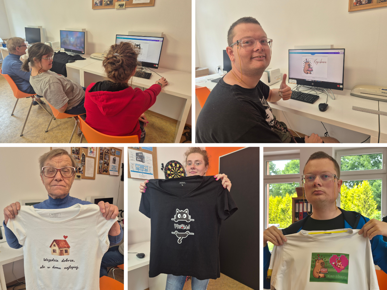 Uczestnicy WTZ prezentują koszulki z wykonanymi przez siebie nadrukami.