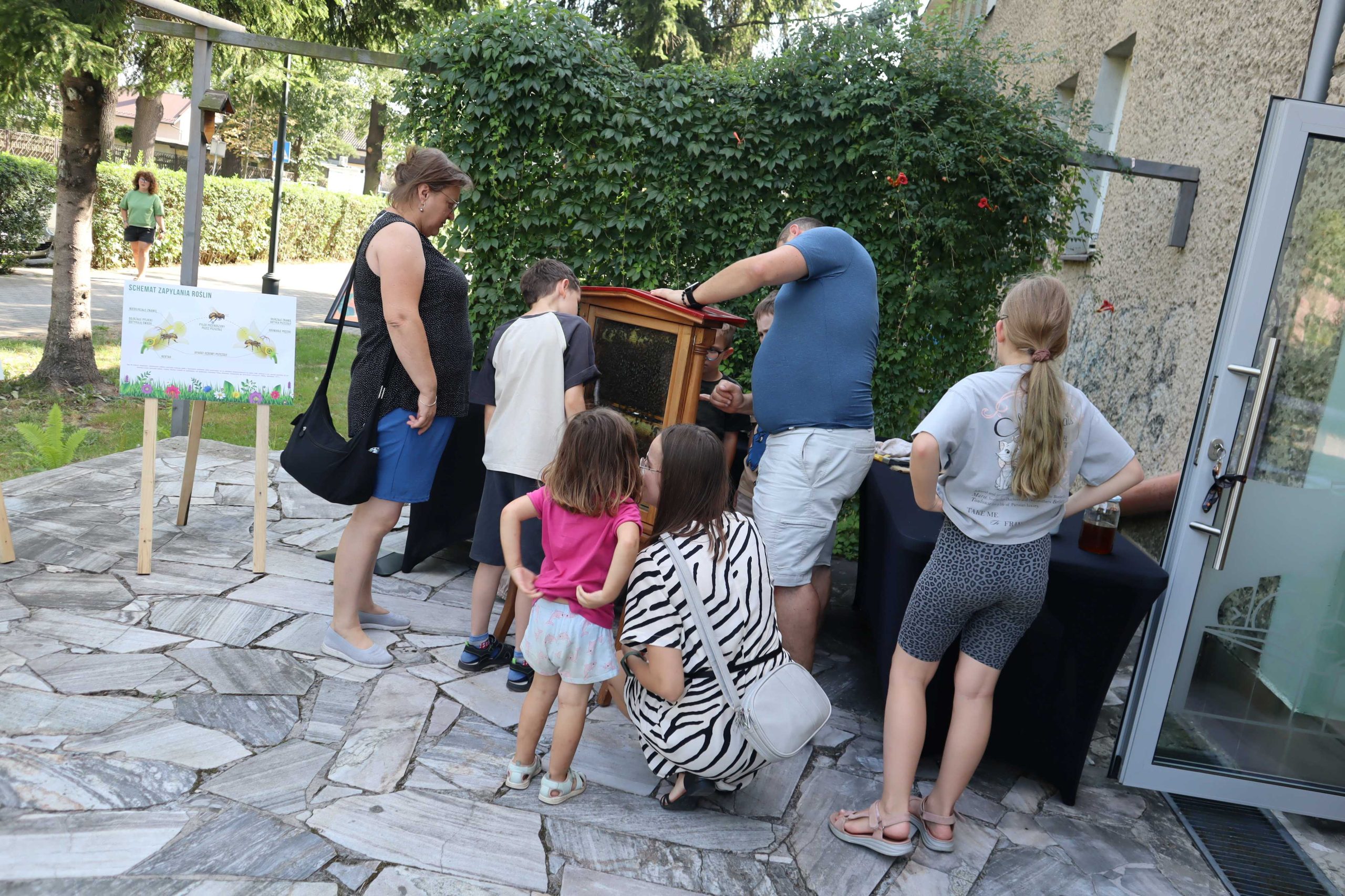 Zdjęcie mężczyzny pokazującego grupie ludzi pszczoły w ulu pokazowym