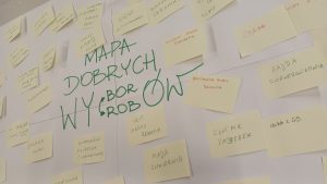 Na zdjęciu zrobionym od góry widoczna jest duża karta papieru z napisem "Mapa dobrych wyborów/wyrobów", zapełniona żółtymi karteczkami z notatkami.
