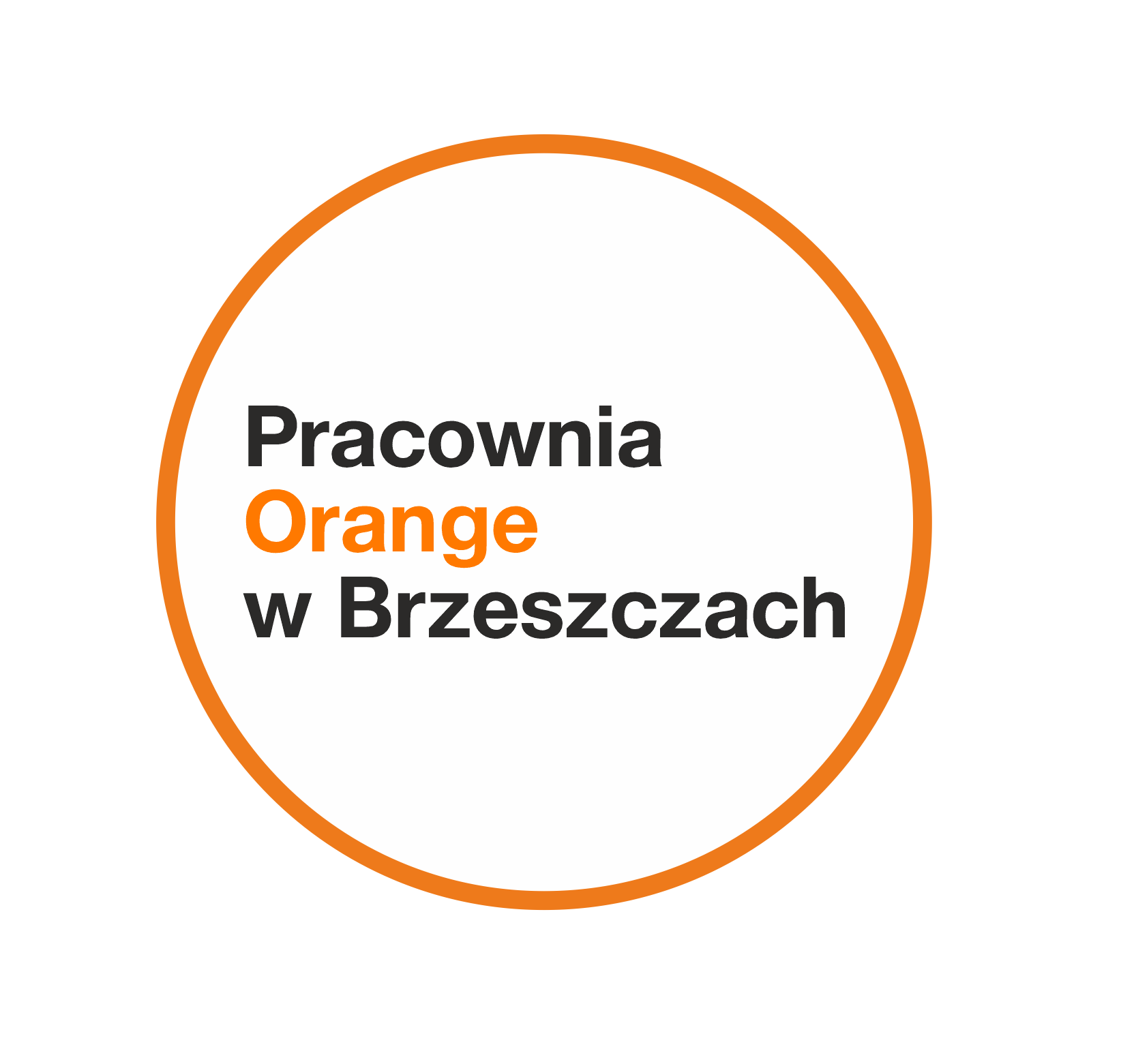 Pomarańczowy kontur koła a w nim czarno - pomarańczowy napis 