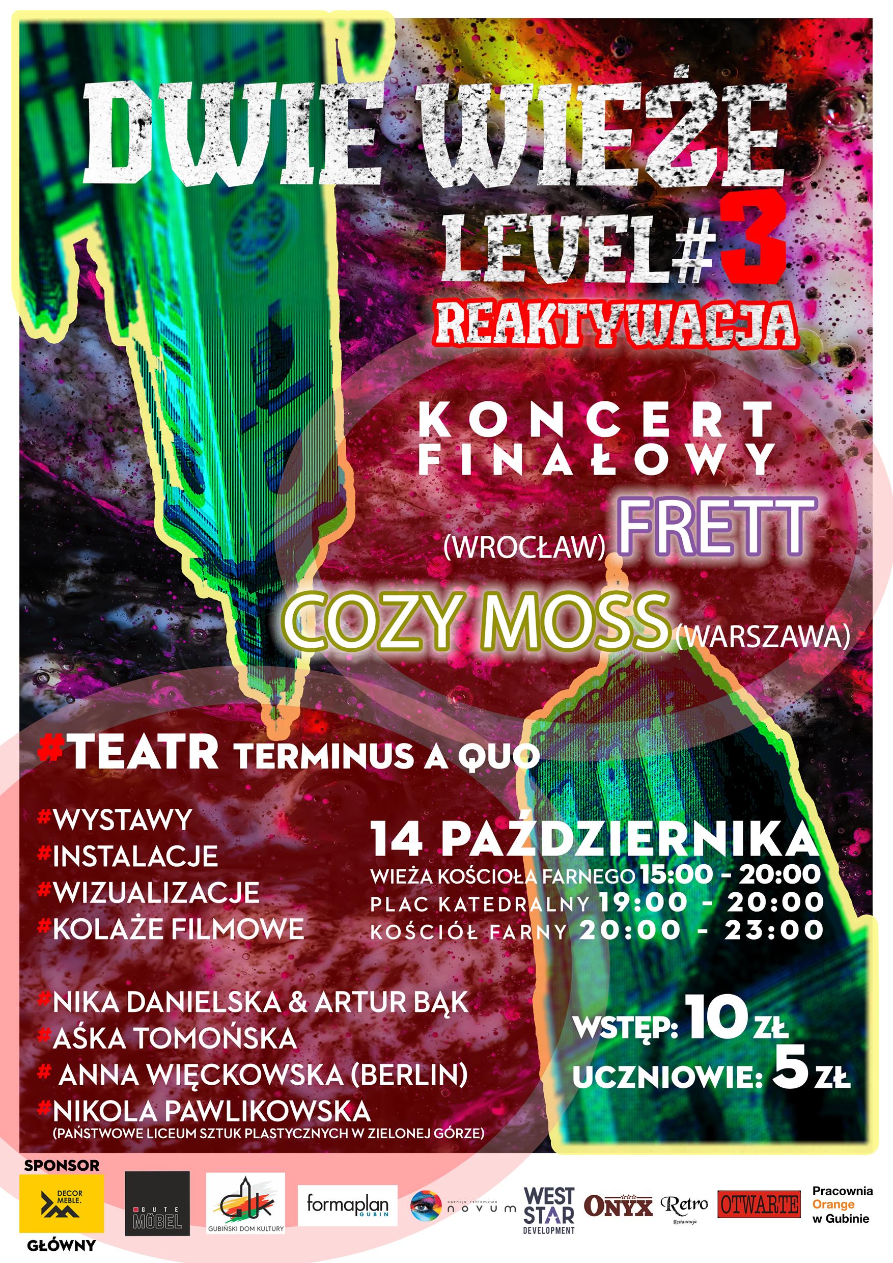 Plakat przedstawiający line-up eventu Dwie Wieże Reaktywacja. Wielkie wydarzenie kulturalne bedzie miało miejsce 14 października. Oczywiście w Gubinie.