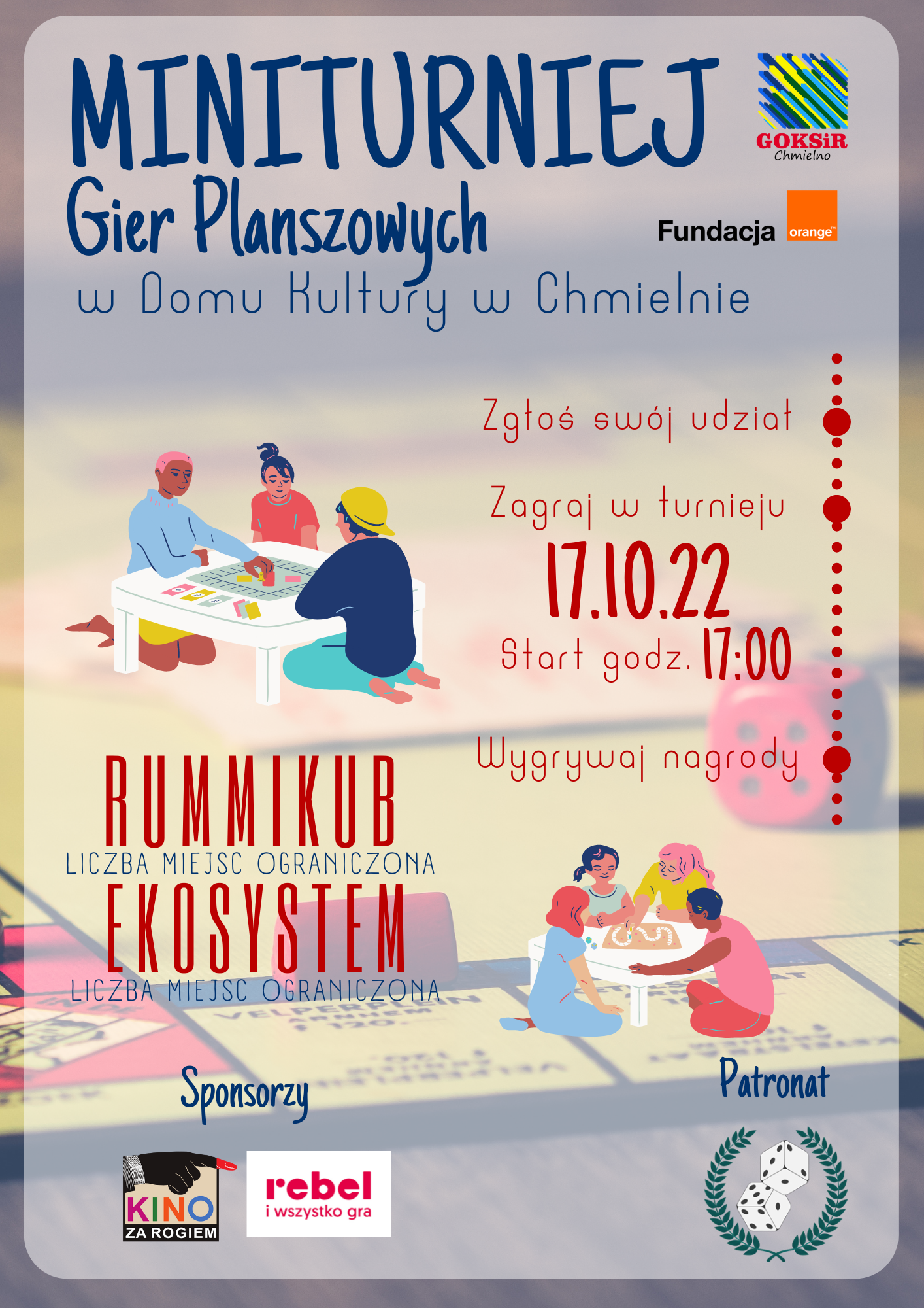 Plakat wydarzenia "MiniTurniej Gier Planszowych" który odbywać się będzie w Chmielnie