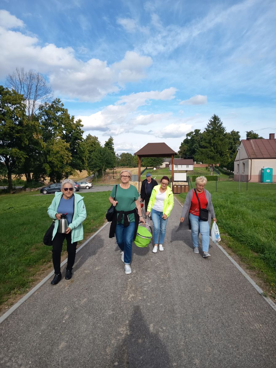 Grupa seniorów idzie z produktami na grilla