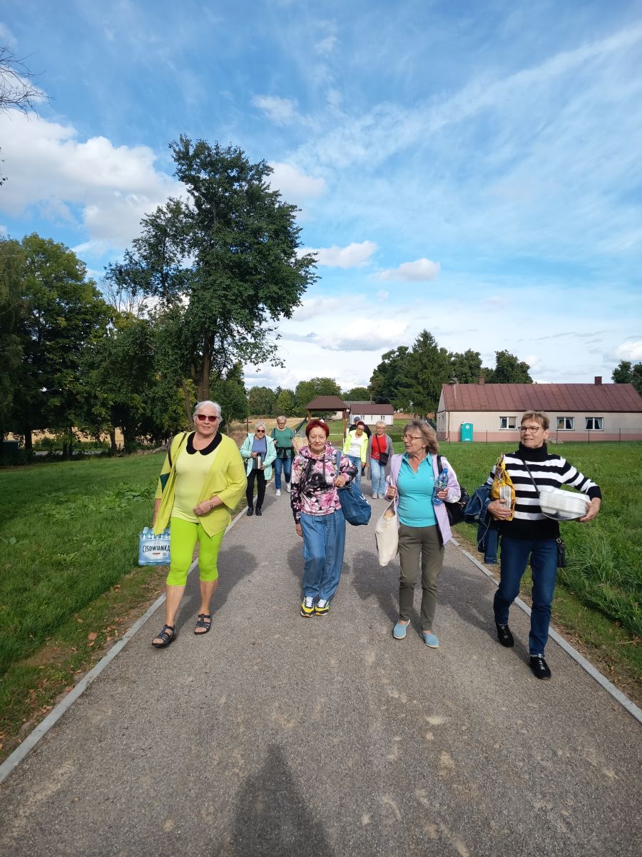 Grupa seniorów idzie z produktami na grilla