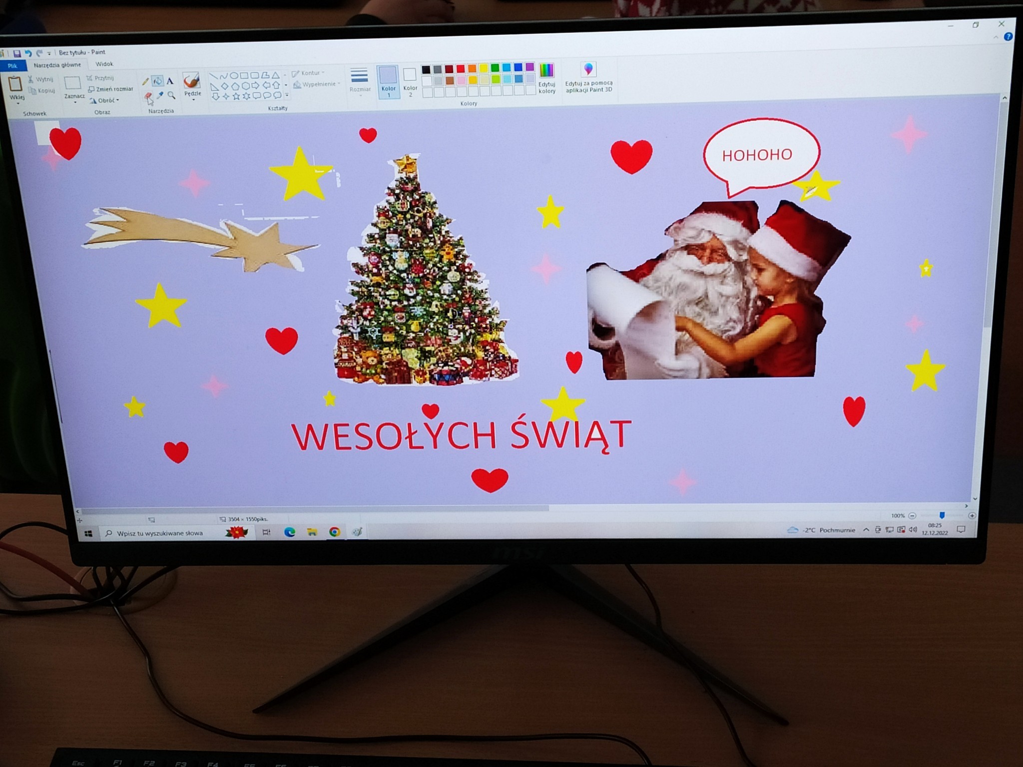 Kartka świąteczna wykonana na komputerze przez uczestniczkę warsztatów