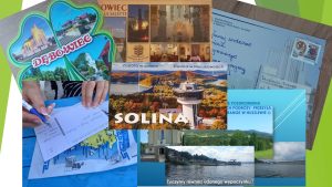 Kilka kolorowych pocztówek z widokami z Soliny, Dębowca. Na zdjęciu widać dłoń wypisującą pozdrowienia