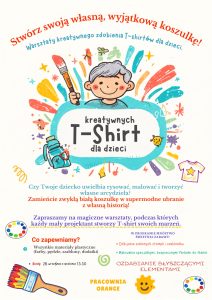 Kolorowa grafika informująca o warsztatach dekorowania koszulek dla dzieci w dniu 26.09.2026