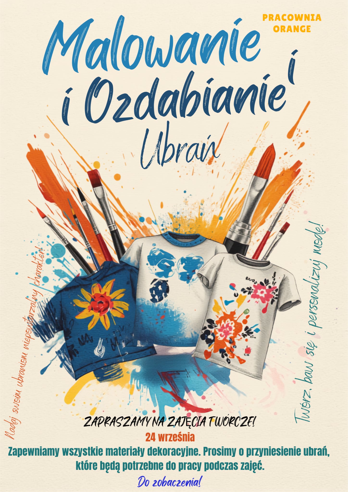 Ilustracja promująca kreatywne warsztaty z ozdabiania starych ubrań, odbywające się 24 września 2026 w ramach Ekograntu Pracowni Orange