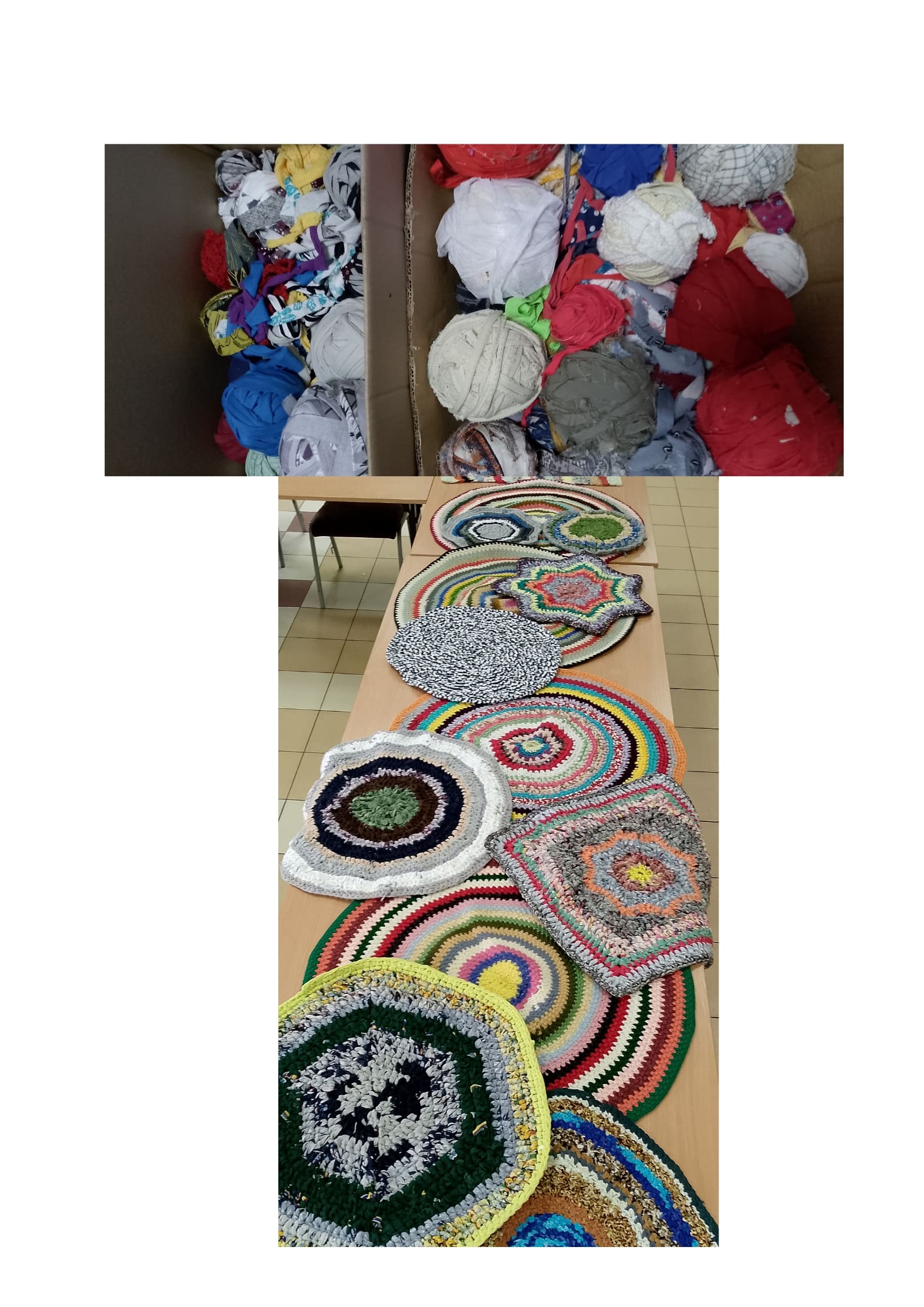 Kłębki pociętych w paski tekstyliów, z których powstały okrągłe szydełkowe dywaniki widoczne na dolnym zdjeciu.