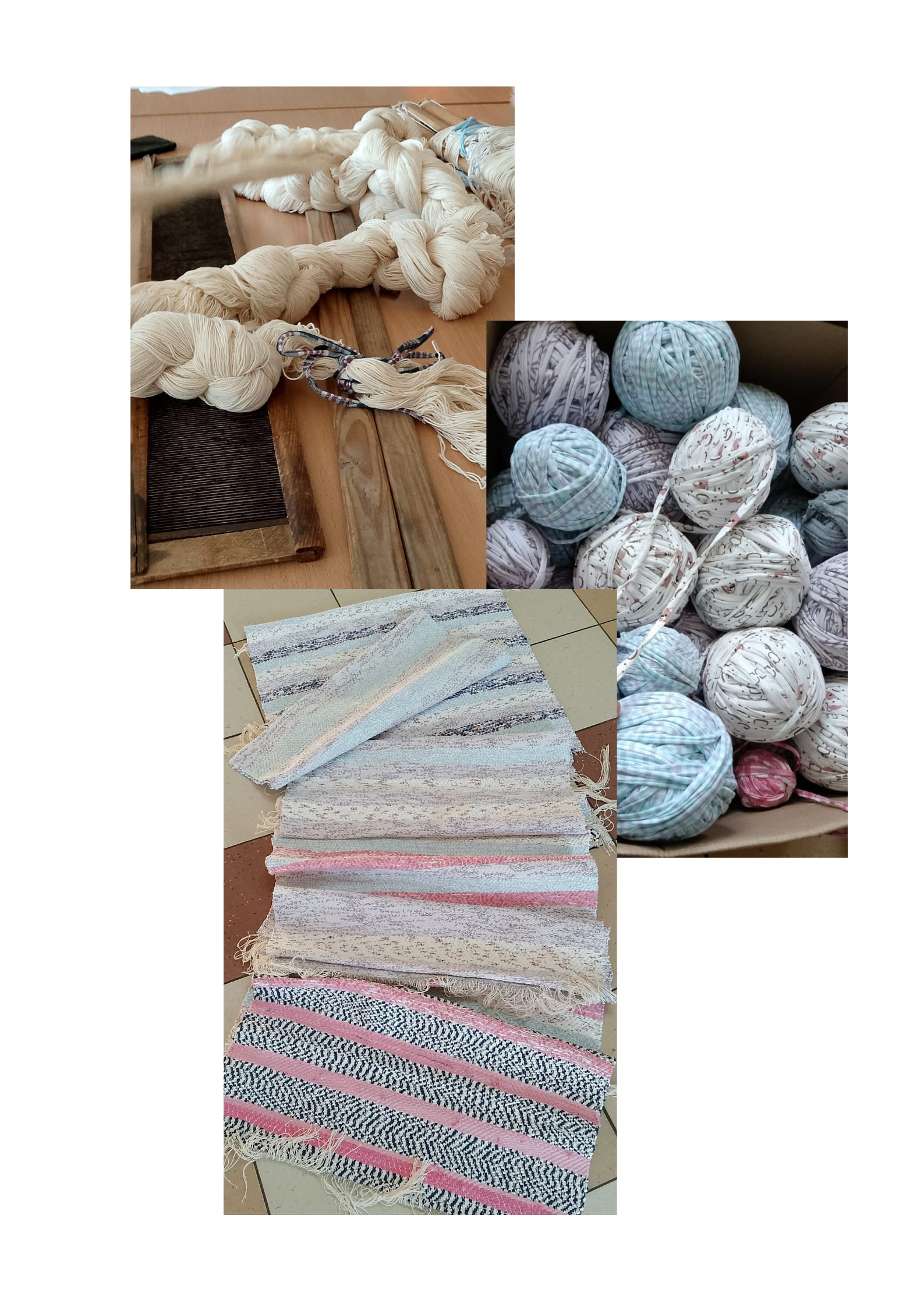 Nici osnowy, kłębki pociętych tekstyliów, kolorowe chodniczki w paski.