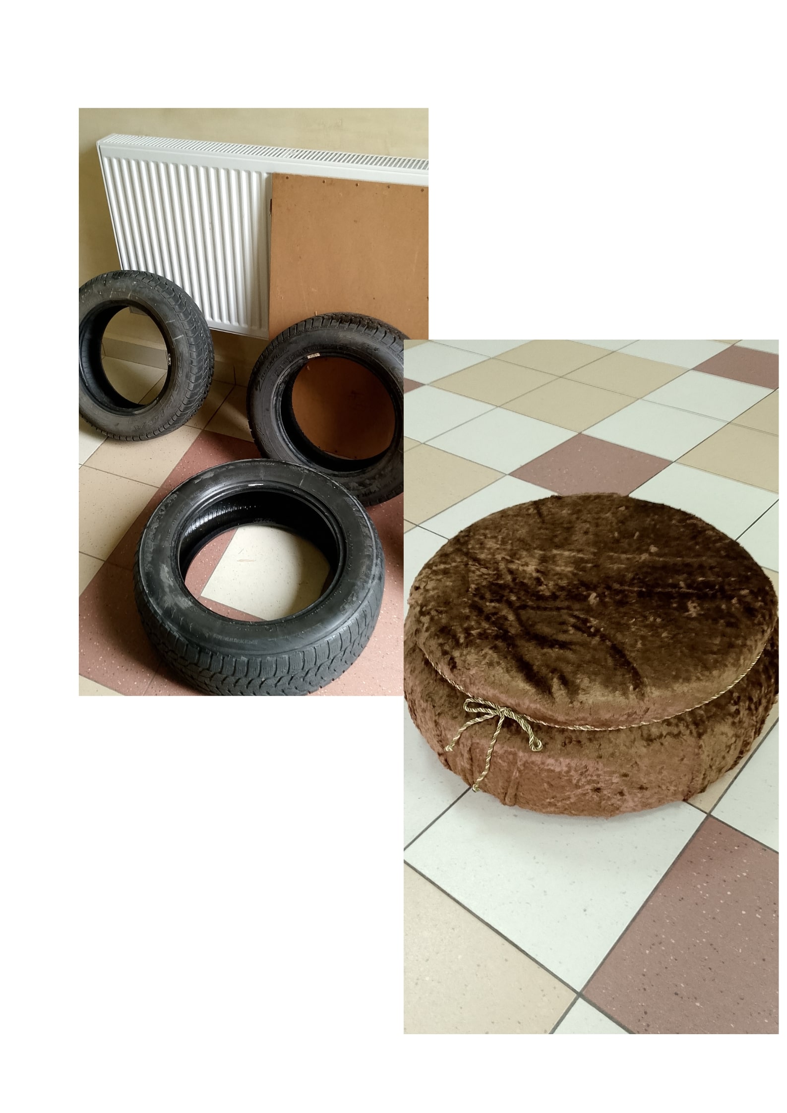 Opony i sklejka, z których powstał puf widoczny na dolnym zdjęciu.