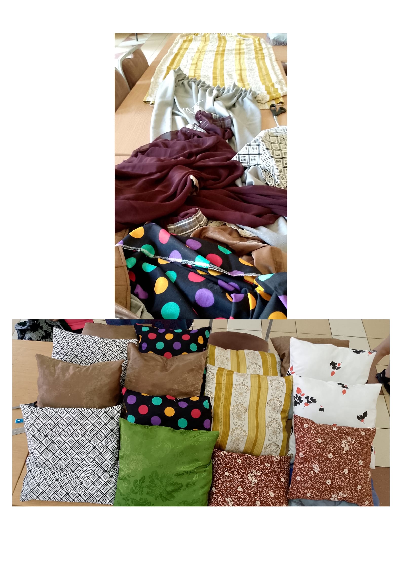 Kolorowe tkaniny - zasłony, z ktorych powstały poduszeczki widoczne na dolnym zdjeciu.