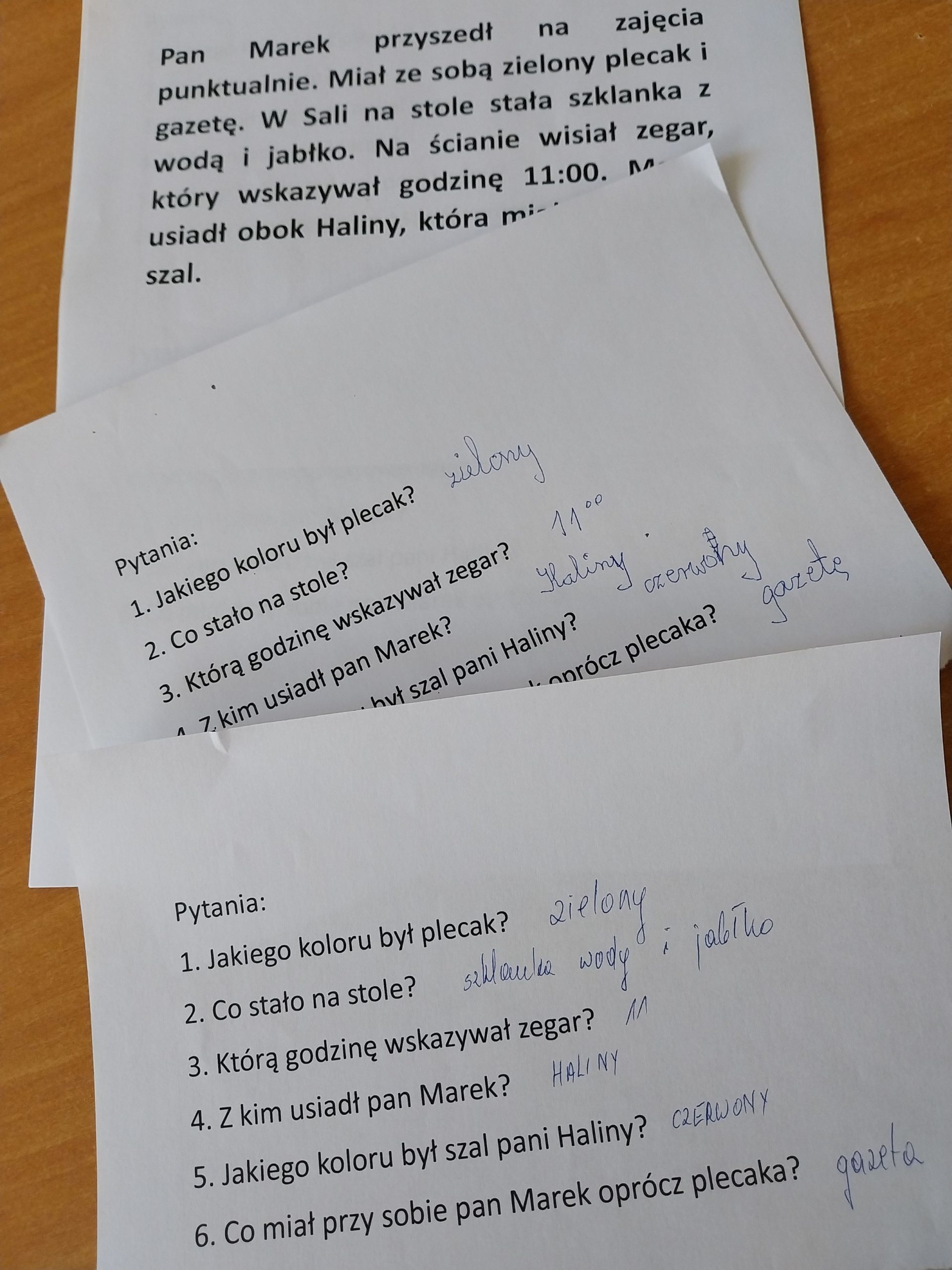 prezentacja przykładowej karty zadaniowej - słuchanie historyjka i udzielanie odpowiedzi