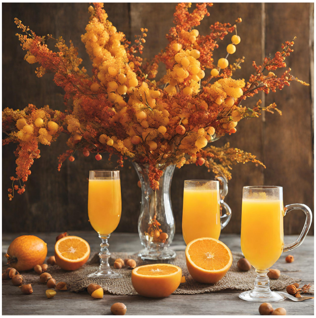 Obraz wygenerowany przez AI na stole leżą pomarańcze i stoją szklanki z sokiem pomarańczowym