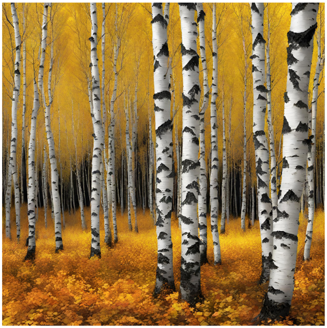 obrazek wygenerowany przez sztuczną inteligencje las brzozowy i żółte liście