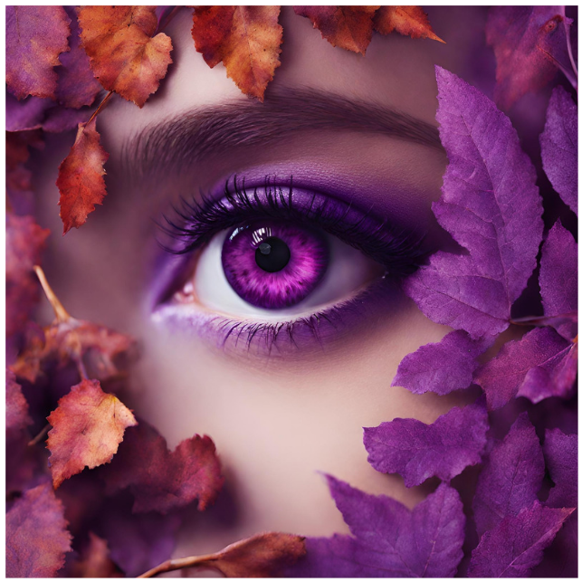 obrazek wygenerowany przez sztuczną inteligencje fioletowe oko a wokół niego fioletowe liście