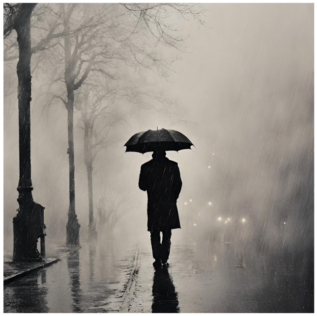 obrazek wygenerowany przez sztuczną inteligencje mężczyzna w deszczu z parasolem